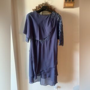 JJs House Asymmetrical Blue Dress with Lace Detail